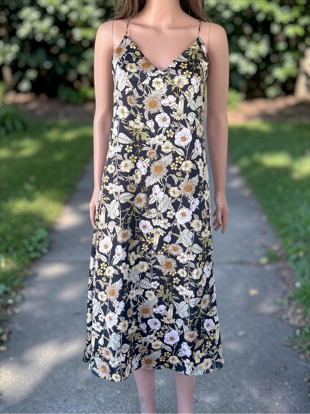 H&M Floral Satin Feel Midi Dress XS Dark Gray Cream Yellow Boho